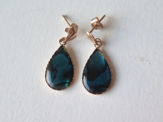 Vintage Abalone Drop Earrings, 9k Yellow Gold - image 2