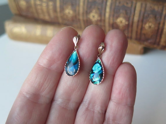 Vintage Abalone Drop Earrings, 9k Yellow Gold - image 5