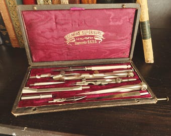 Antique French Drawing Set, Compass Set in Fitted Case, “Compas Supérieurs Brevetés S.G.D.G.”, c.1900