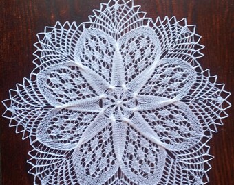 Round white hand knitted lace doily cotton ~15 inches (~38 cm)