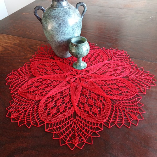 Round tablecloth doily red cotton lace knitted 17 inches (44 cm)