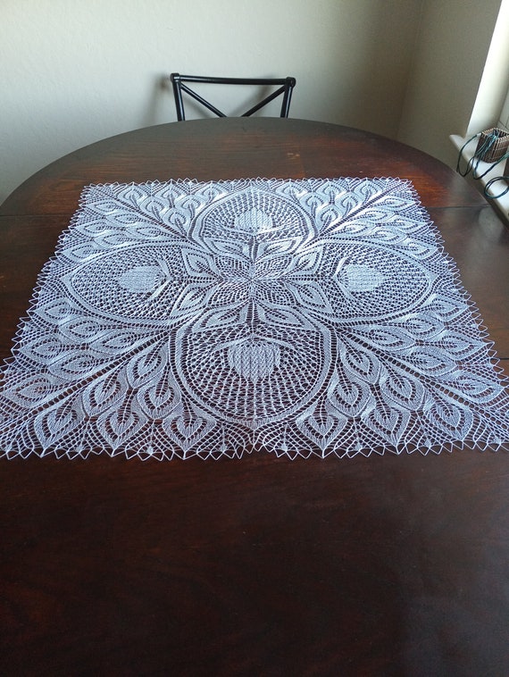 Square tablecloth doily white cotton lace knitted 29x29 inches (74x74 cm)