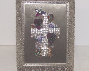 PICTURE. CROSS / PANSIES " Jewelry Art ".  Made from vintage to newer jewelry. Gift Idea. 1 of a kind.  Religious, pansies, etc. #250 lot