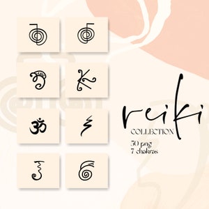 Può includere: Set di sette simboli Reiki in bianco e nero su sfondo beige. I simboli sono disposti in una griglia di quattro righe e due colonne. Il testo "Reiki Collection 50 png 7 chakras" è sotto i simboli.