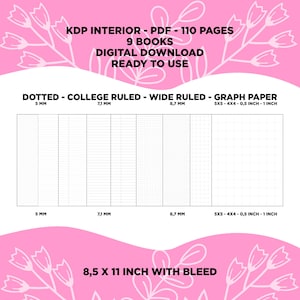 KDP - Interior, Forrado, Cuadrícula, Punteado - 9 Libros, Bajo Contenido 110 Páginas, 8.5 "x11", Composición y Gráfico Cuaderno de Papel, Listo para Usar