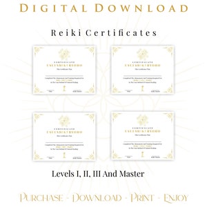 May include: Four printable certificates for Reiki levels I, II, III, and Master. Each certificate has a gold border and the text "USUI SHIKI RYOHO" in a gold font.