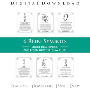 May include: Six black and white printable Reiki symbols with Japanese characters and English descriptions. The symbols are: Hon Sha Ze Sho Nen, Cho Ku Rei, Sei He Ki, Shika Sid Ki, Shika So, and Dai Ko Myo.