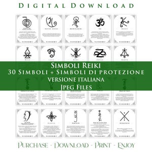 May include: A digital download of 30 Reiki symbols and protection symbols in Italian. The symbols are black and white and are arranged in a grid. The text "SIMBOLI REIKI" and "VERSIONE ITALIANA" are at the top of the image.