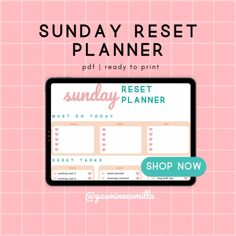 Op de afbeelding: Een digitale planner voor het resetten op zondag. De planner heeft secties voor "Moet vandaag gedaan worden" en "Reset-taken". De planner is ontworpen met een roze en perzikkleurig kleurenschema en heeft een roze hartontwerp. De tekst "Sunday Reset Planner" staat bovenaan de planner. De tekst "Shop Now" staat onderaan de planner.