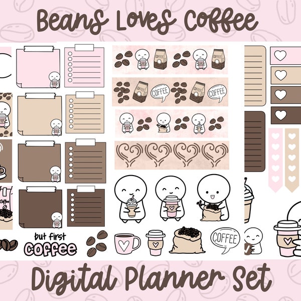 Coffee Emoticon Digital Planner Sticker Set | Bullet Journal Washi Tape & Functional Stickies | Cute Hand Drawn GoodNotes Planner Doodles