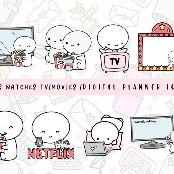 Stickers icônes téléfilms | Sticker agenda numérique GoodNotes | d'émoticônes Bullet Journal | Heure du rendez-vous, regarder la télévision, rappel de frénésie