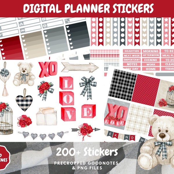 Rustic Valentines Day Stickers, Digital Planner Stickers, Plaid Valentines Clipart, Goodnotes Stickers, February Weekly Sticker Kit