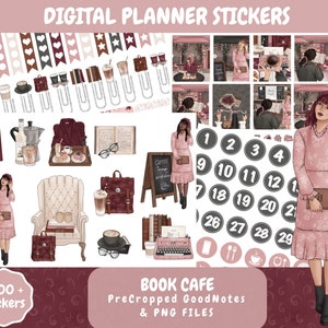 Coffee Digital Planner Stickers for GoodNotes, Cozy Book Cafe Digital Stickers, Weekly August Fall Planner Sticker Kit with Clipart & More!