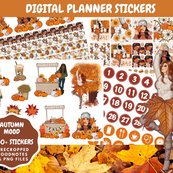 Fall Planner Stickers for DIGITAL PLANNER PNG GoodNotes Autumn Harvest Leaves Pumpkin Picking Coffee September October Weekly Kit Bundle
