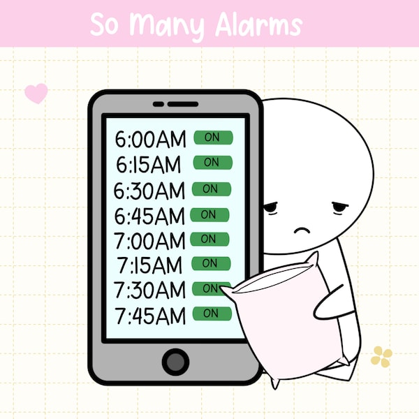 Tired Mood Emoticon Digital Planner Stickers, Cute Character Printable Planner Stickers, Alarm Clock Reminder GoodNotes Stickers, PNG Doodle