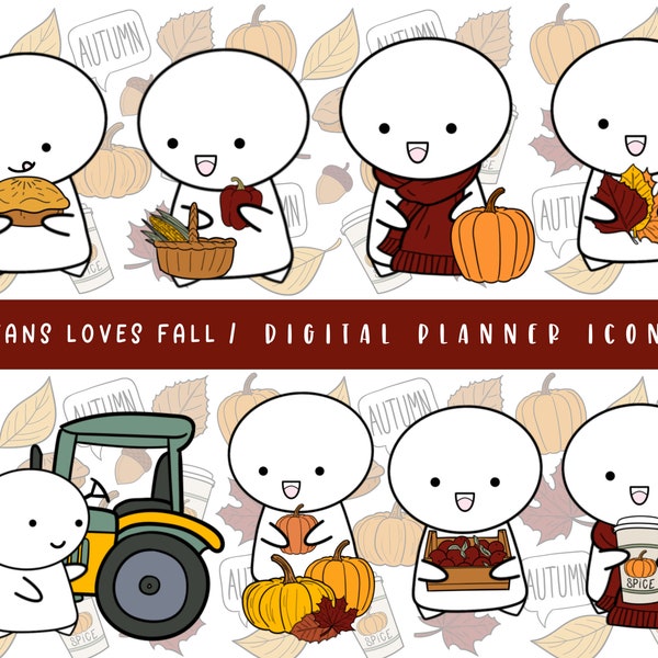 Fall Autumn Emoticon Icon Stickers | GoodNotes Digital Planner Stickers | August September Sticker For Planning | Seasonal Harvest Doodles