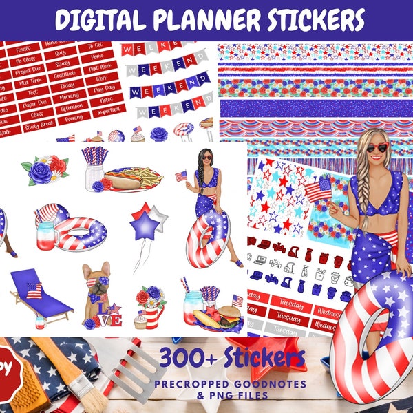 4th of July Stickers for DIGITAL PLANNER PNG GoodNotes Patriotic Summer Clipart Weekly Sticker Bundle Holiday Vacation Daily Organizer