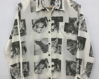 Vintage Blouse Animal Pattern Japanese Brand Blouse Vintage Animal Blouse Long Sleeve Button Up White Blouse Unisex Wear Top Shirt Summer