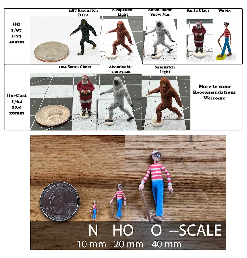 May include: A comparison of different scale figures of various characters, including Santa Claus, a Sasquatch, and an abominable snowman. The figures are shown next to US quarter coins to illustrate their size. The text "HO O --SCALE" is shown below the figures, with measurements in millimeters.