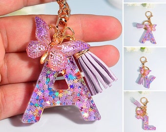 Letter Resin Keychain Glitter Gifts for Her Christmas Gift Pink Girly Flower Initial Keychains Assorted Gift Resin Keyring Birthday