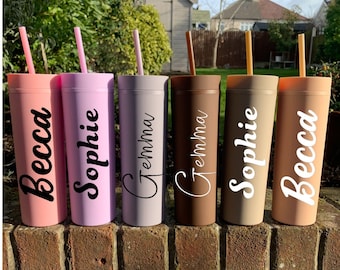 Personalised Tumbler with Straw Custom drink Bottle, Tumbler with name, Skinny Tumblers Acrylic Pastel Matte, Gift for Her Girls Bridesmaid