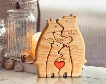 Wooden Bear Family Puzzle 3 Person Animal Figurines Family Keepsake Gifts Gift for Parents Engraved Name Family Puzzle Valentines Day Gifts