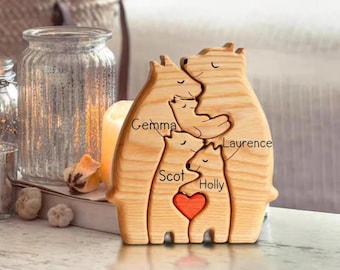 Casse-tête de famille ours en bois, 3 personnes, figurines d'animaux, cadeaux souvenirs de famille, cadeau pour parents, nom en vinyle, casse-tête de famille, cadeaux de Saint-Valentin
