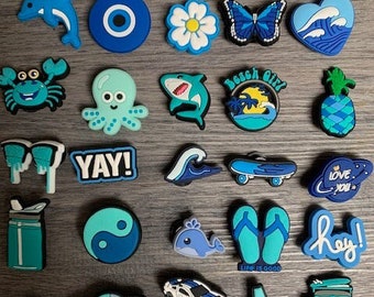 Blue Croc Charms 30+ Charm Signs Symbols phrases Pin Badge Sign Crab Campervan Shark Bottle Beach Sunglasses Evil Eye Sea Wave Butterfly Car