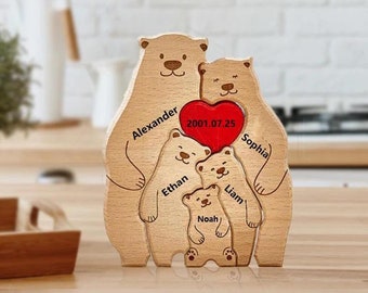 Wooden Bear Family Dog Person Animal Figurines Family Keepsake Gifts for Parents Engraved Name Family Puzzle Valentines Day Home Decor