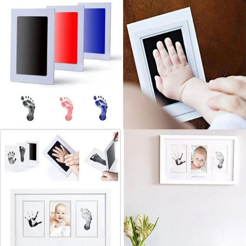 May include: A baby hand and footprint kit with a white frame. The kit includes ink pads in black, red, and blue, and a framed display with a baby's handprint, footprint, and photo. The kit is designed for creating lasting memories.