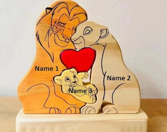 Wooden Lion Single Parent Kids Person Animal Figurines Family Keepsake Gifts for Parents Engraved Name Puzzle Valentines Day Mum Dad