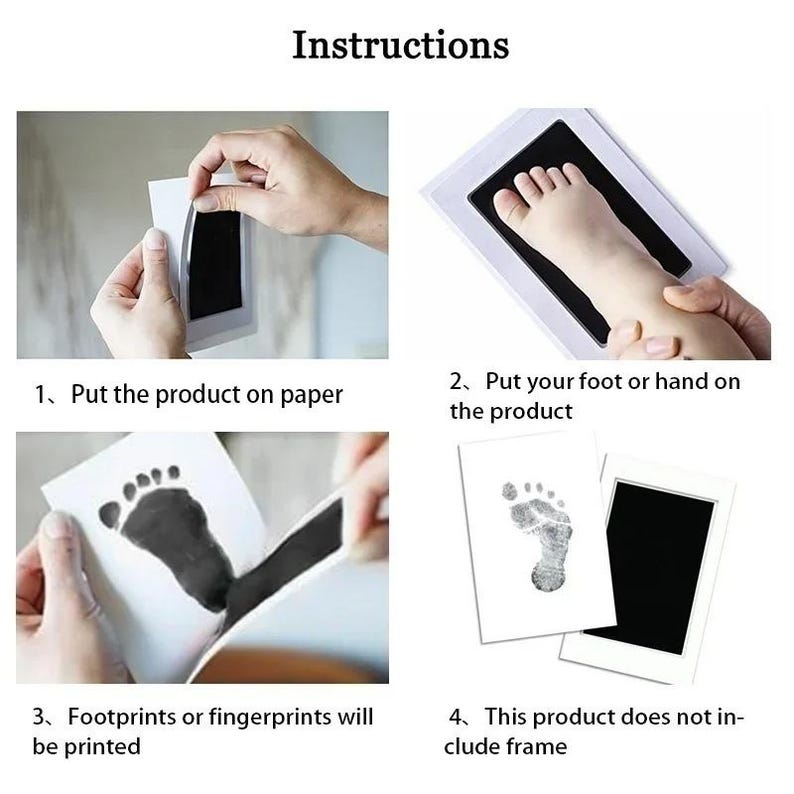 May include: Step-by-step instructions for creating baby footprints or handprints. The image shows a white frame with a black ink pad, a baby's foot, and a printed footprint on paper. The text reads "Instructions".