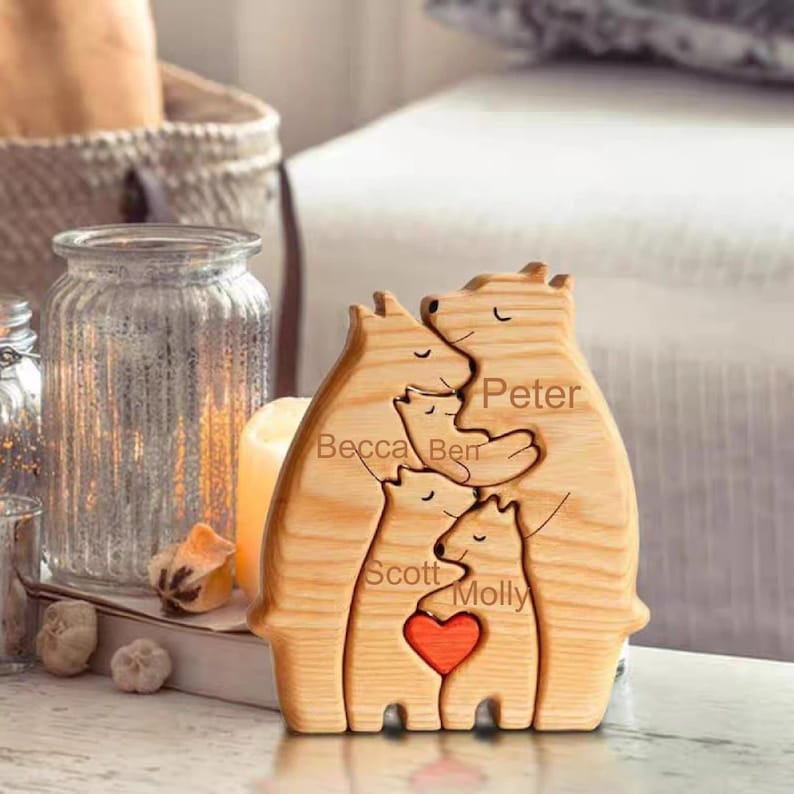 Wooden Bear Family Puzzle 3 Person Animal Figurines Family Keepsake Gifts Gift for Parents Engraved Name Family Puzzle Valentines Day Gifts image 1