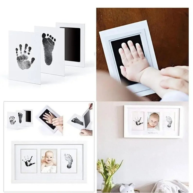 May include: A baby handprint and footprint kit. The kit includes a black ink pad and white cards for creating prints. A framed display with a baby photo, handprint, and footprint is also shown.