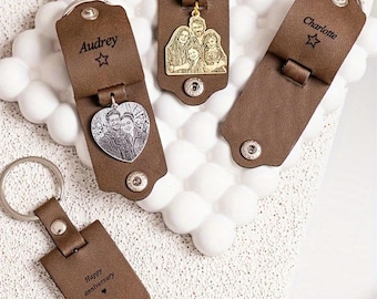 Personalised Leather Keychain, Custom Family Photo Keyring, Engraved Personalized Photo Key Holder, Family Keepsake, Gift for Mom