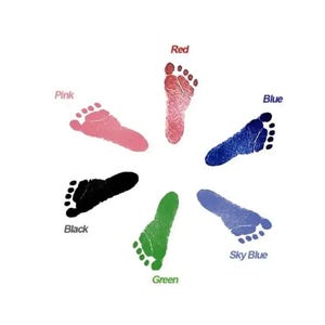May include: A circular arrangement of colorful footprints in red, pink, blue, sky blue, green, and black. Each footprint is labeled with its corresponding color name. The image is on a white background.