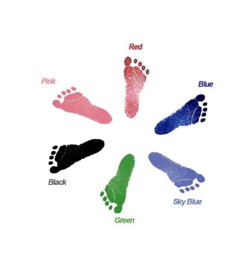 May include: A circular arrangement of colorful footprints in red, pink, blue, sky blue, green, and black. Each footprint is labeled with its corresponding color name. The image is on a white background.