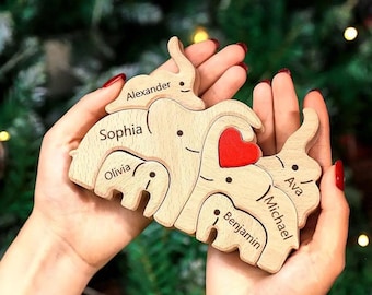 Wooden Elephant Single Parent Kids Person Animal Figurines Family Keepsake Gifts for Parents Engraved Name Puzzle Valentines Day Mum Dad