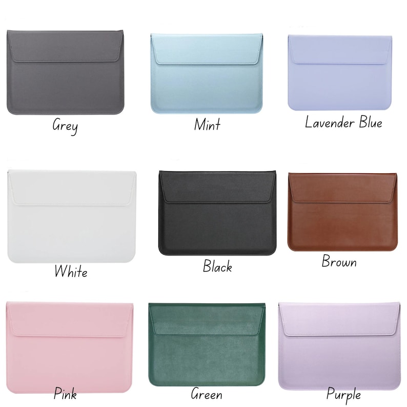 May include: Nine different colored laptop sleeves. The sleeves are made of a soft, textured material and have a flap closure. The colors are grey, mint, lavender blue, white, black, brown, pink, green, and purple.