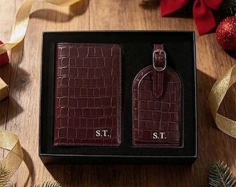 Passport Cover Travel Set, PU Leather Crocodile Luggage Tag, Engrave Name Passport Holder, With Gift Box, Gift for Her, Mother