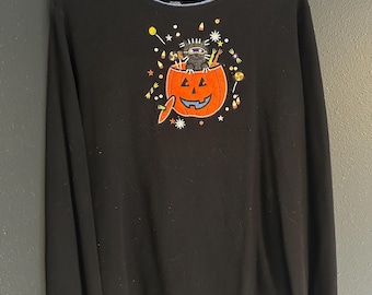 Vintage Halloween Sweater – Black Cat Jack O Lantern Knit, Size Large