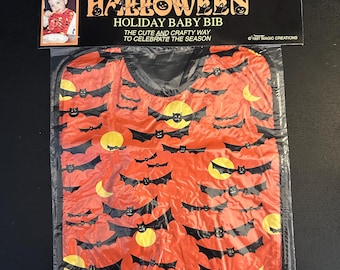 Vintage Halloween Baby Bib - NEW SEALED Orange Black Bats Yellow Moon 90s Toddler - NOS