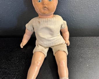 Vintage Halloween Decoration - Antique Unmarked Composition Doll Cloth Sleepy eyes 12" Tall
