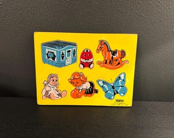 Vintage Wooden Puzzle Toy Shapes Doll Butterfly House Horse Ball -