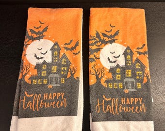 Vintage Halloween Kitchen Towels -  Vintage Haunted House Towels - Vintage Halloween Towels -  Set Of Two -