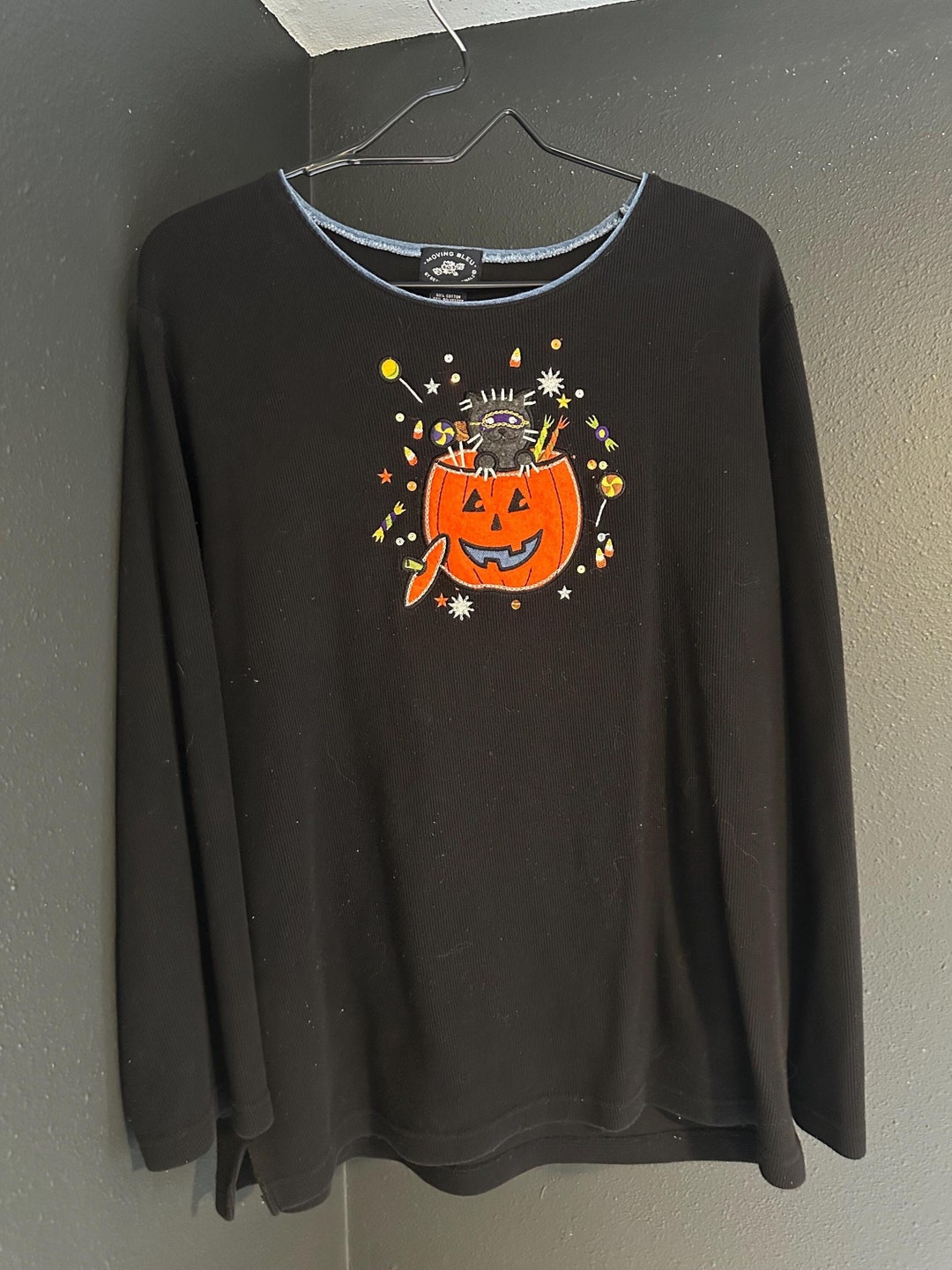 Vintage Halloween Sweater – Black Cat Jack O Lantern Knit, Size Large ...