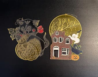 Vintage Halloween Suncatcher - Haunted House and Black Cat