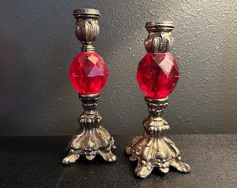 Ruby Red Faceted Glass Candlesticks, Antiqued Gold Finish, Boho Home Decor