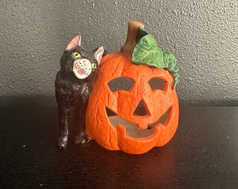 Vintage Ceramic Halloween Jack-O-Lantern with Black Cat – Tealight Holder