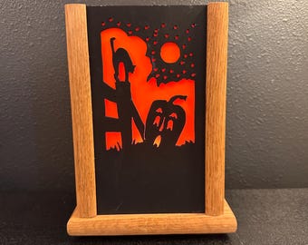 Vintage Halloween Wooden Lighted Halloween Silhouette Decoration, Interchangeable Scenes Brown/Black